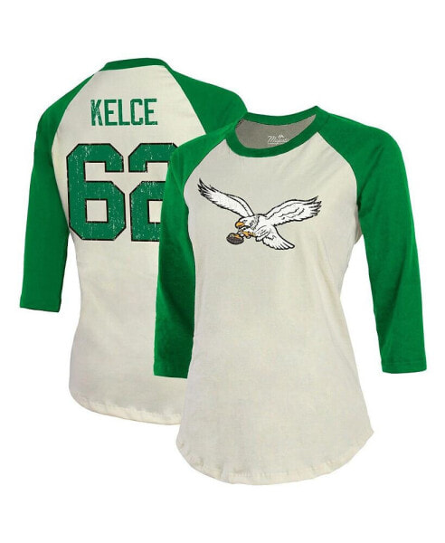 Women's Threads Jason Kelce Cream, Kelly Green Philadelphia Eagles Alternate Player Name and Number Raglan 3/4-Sleeve T-shirt