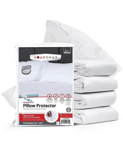 Standard Size Terry Cotton Waterproof Pillow Protector with Zipper - White (4 Pack)