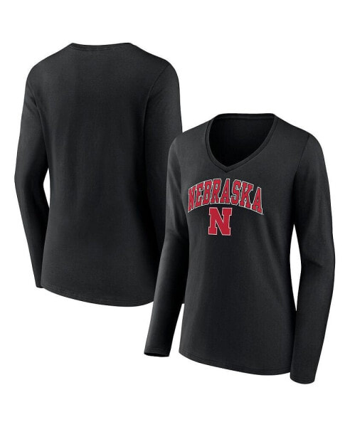 Women's Black Nebraska Huskers Evergreen Campus Long Sleeve V-Neck T-shirt