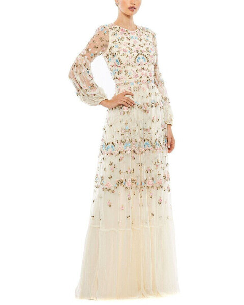 Mac Duggal Embroidered High Neck Illusion Sleeve Tiered Gown Women's