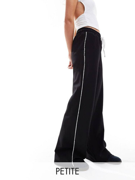 In The Style Petite side stripe drawcord tie waist straight leg trousers in black 