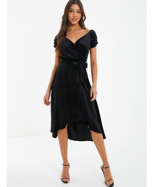 Women's Velvet Bardot Ruched Sleeves Evening Dress