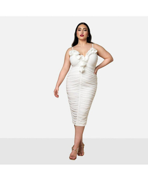 Plus Size Orchid Mesh 3D Flower Midi Bodycon Dress