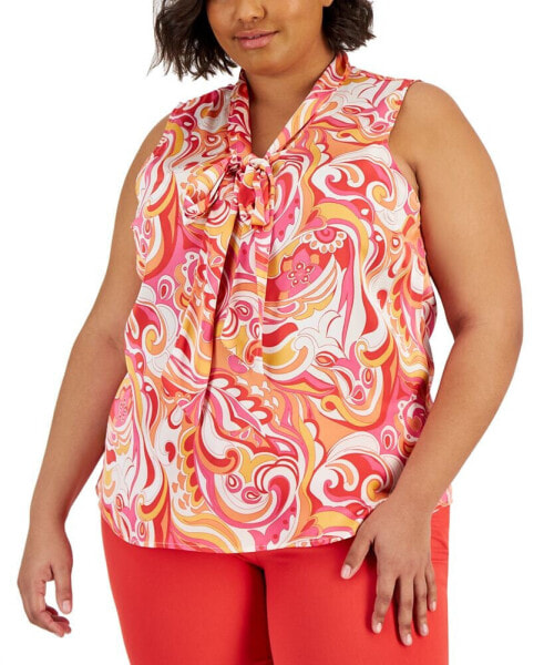 Plus Size Printed Sleeveless Bow Blouse