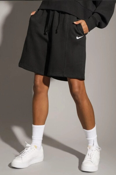 Sportswear Essential Fleece Yüksek Bel Kadın Siyah Pamuklu Şort- rahat kalıp
