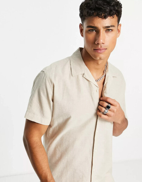 Selected Homme linen mix revere short sleeve shirt in beige