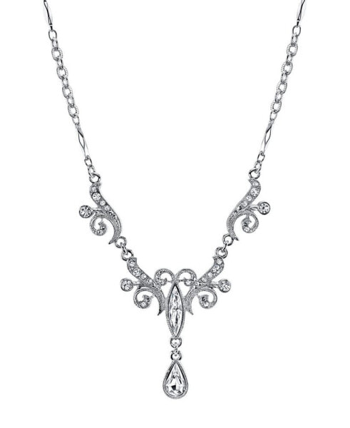 Silver-Tone Crystal Teardrop Necklace 15" Adjustable