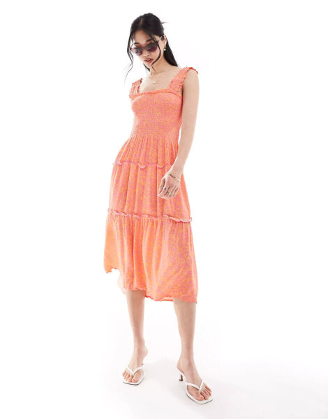 Vero Moda shirred cami midi dress in coral floral