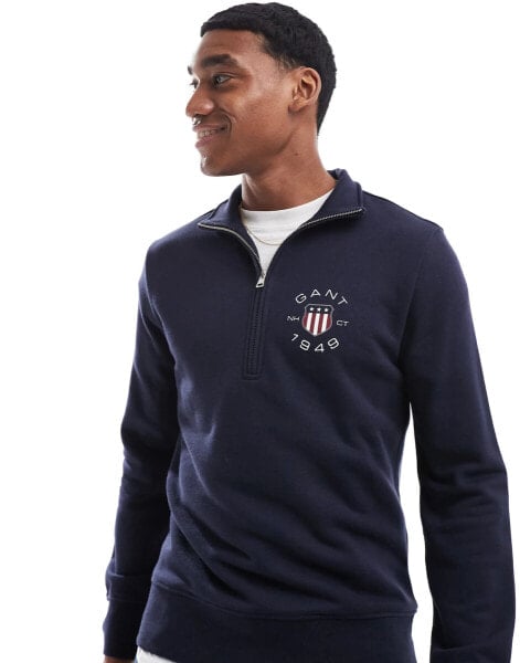 GANT 1949 shield logo half zip sweatshirt in navy