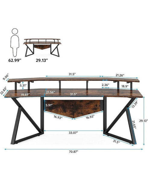 Computer Desk, 70.9" Large Home Office Desk with Monitor Stand, Modern Wing-Shaped Gaming Studio Desk Study Table Workstation for Live, Streamer,Rustic Brown