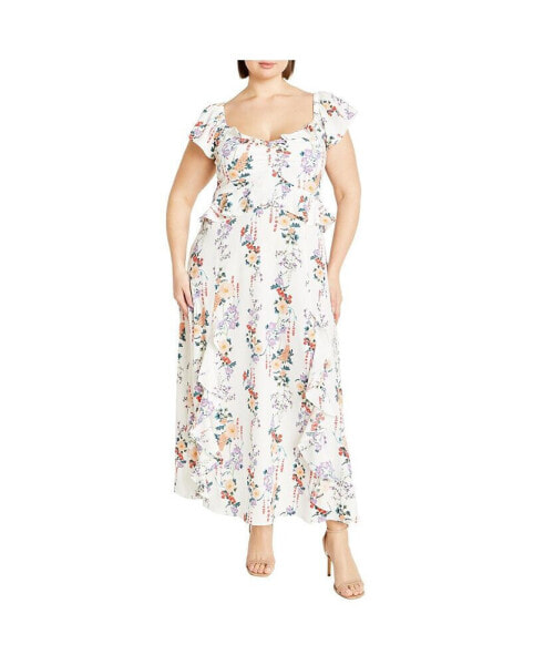 Plus Size Frill Fee Print Maxi Dress