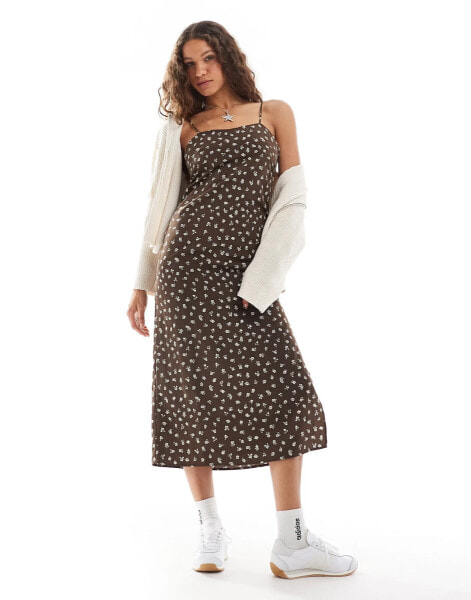 Monki strappy maxi dress in brown ditsy floral print