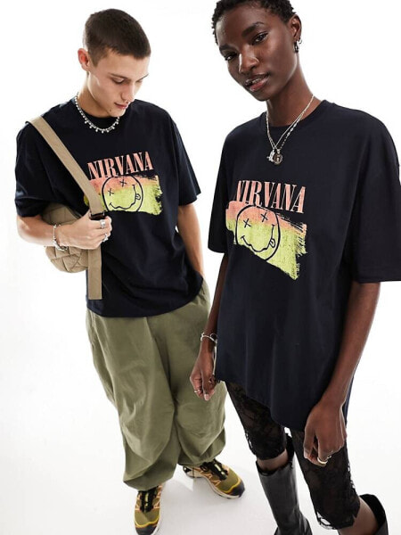 ASOS DESIGN unisex oversized license t-shirt in black with Nirvana prints