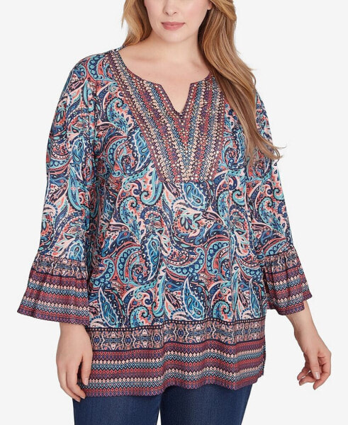 Plus Size Embellished Placket Paisley Print Slub Jersey Top