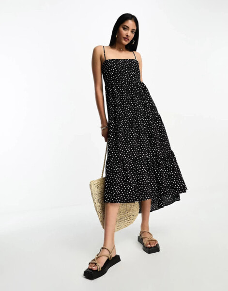 ASOS DESIGN open back tiered hi low hem maxi dress in mono spot