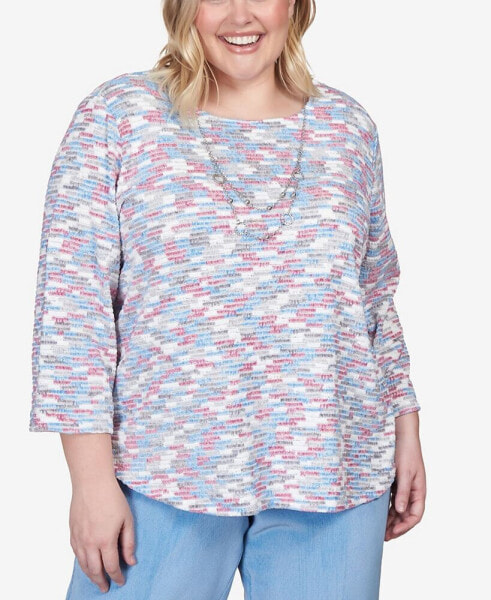 Plus Size Swiss Chalet Space Dye Texture Chenille Knit Top with Necklace