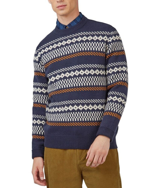 Men's Chunky Knitted Fair Isle Long-Sleeve Crewneck Sweater