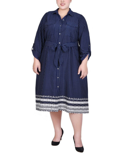 Plus Size 3/4 Roll Tab Sleeve Belted Shirtdress
