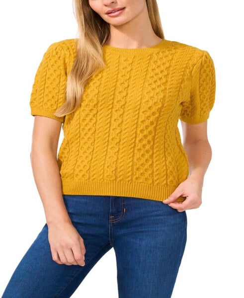 Women's Puff Short Sleeve Mixed Cable Knit Crew Neck Sweater