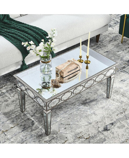 Elegant Shiny Silver Mirror Coffee Table, Cocktail Table (39.5" X 21.5" X 19.5")