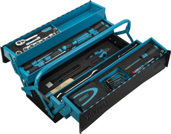 HAZET 2157-3 Metal Tool Box 190/79 | 79-Piece Filled with Hammer, Reversible Ratchet, Pliers and Padlock | Mobile Mounting Case with Professional Assortment and Folding Knife (Length when Folded: 115