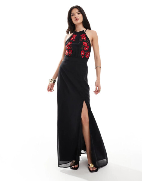 Hope & Ivy high neck embroidered maxi dress with split in black