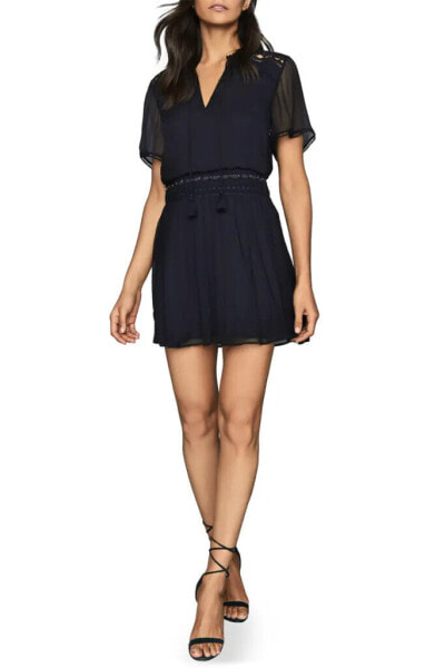 Reiss Sam Embroidered Split Neck Dress in Navy Size UK 14 US 10