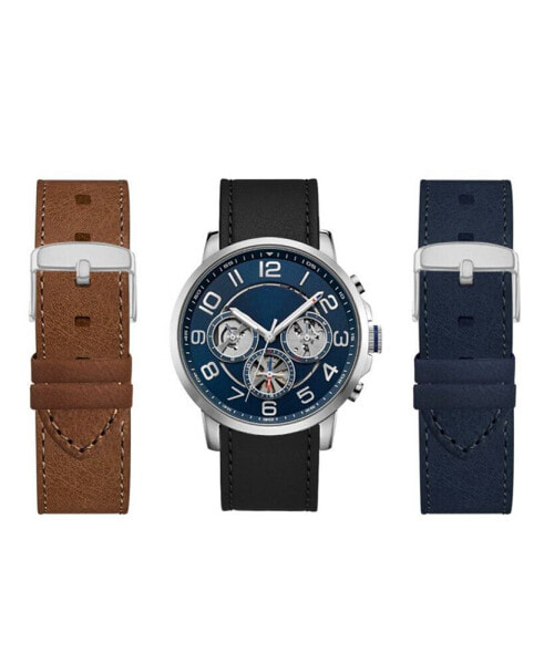 Men's Black Leather Strap Watch 44mm Gift Set