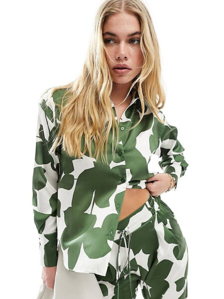 Style Cheat oversized satin shirt  in green print co-ord