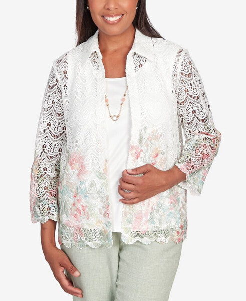 Women's English Garden Floral Border Lace Two in One Top with Necklace