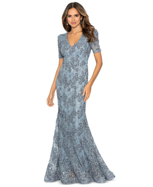 Petite Embellished Soutache Lace V-Neck Gown