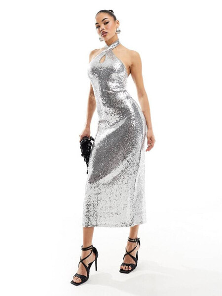 Mango halterneck sequin midi dress in silver