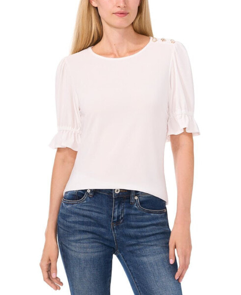 Women's Puff-Sleeve Button-Shoulder Knit Top