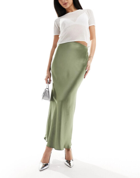 New Look satin midi skirt in khaki