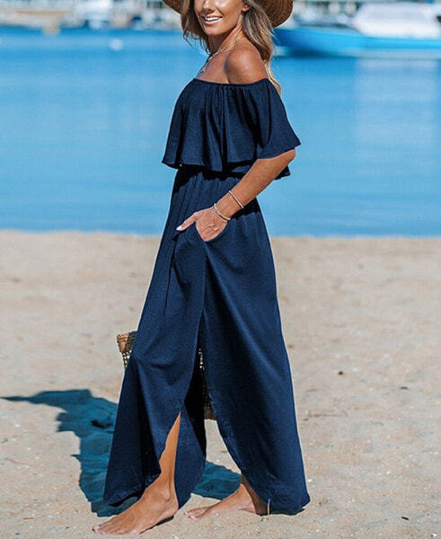 Women's Navy Off-Shoulder Flounce Bodice Jersey Maxi Beach Dress
