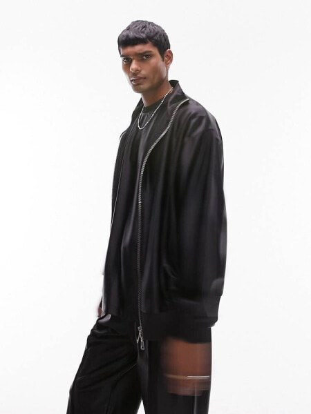 Topman oversized fit high shine zip through funnel fleece in black