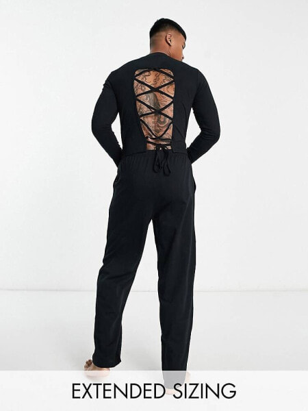 ASOS DESIGN pyjama set with long sleeve turtle neck top with tie back and trousers in black