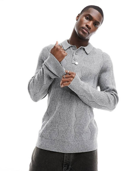 Hollister long sleeve knitted polo top in grey