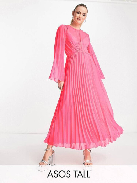 ASOS DESIGN Tall – Plissiertes, hinten gebundenes Midikleid in Fluro-Rosa mit ausgestellten Ärmeln