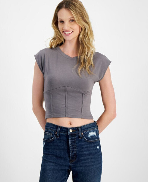 Juniors' Corset Drop-Shoulder Top