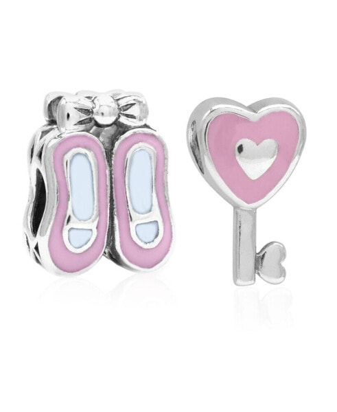 Children's Enamel Ballet Slippers Heart Key Bead Charms - Set of 2 in Sterling Silver