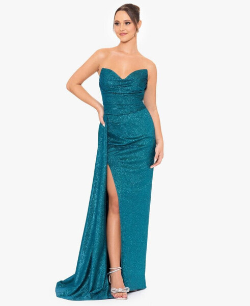 Juniors' Glittered Ruched Strapless Gown