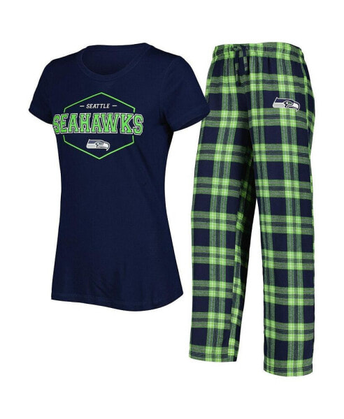 Women's College Navy, Neon Green Seattle Seahawks Badge T-shirt and Pants Sleep Set