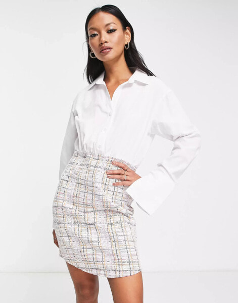 ASOS DESIGN mini shirt 2 in 1 dress with pink boucle skirt