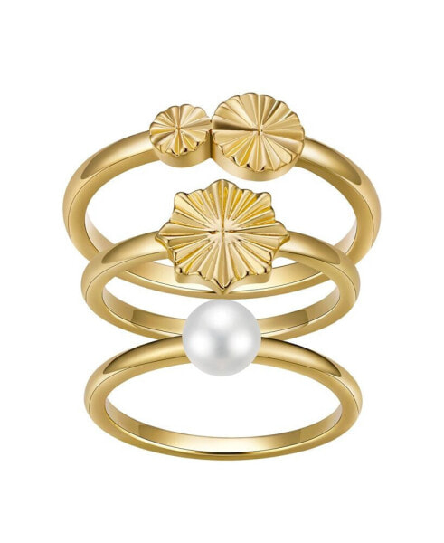Cultured Pearl and Diamond-cut Flower 3-piece Ring Set