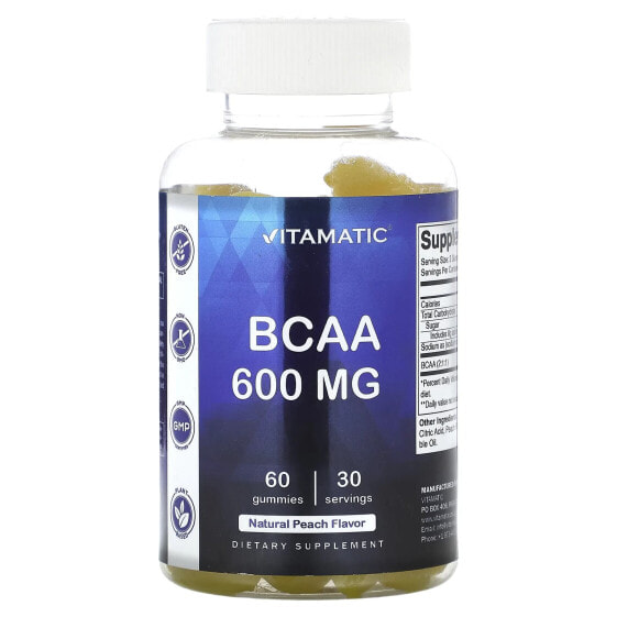 Vitamatic, BCAA, натуральный персик, 300 мг, 60 жевательных таблеток