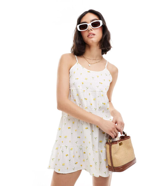 Wednesday's Girl chintzy floral tiered smock dress in white