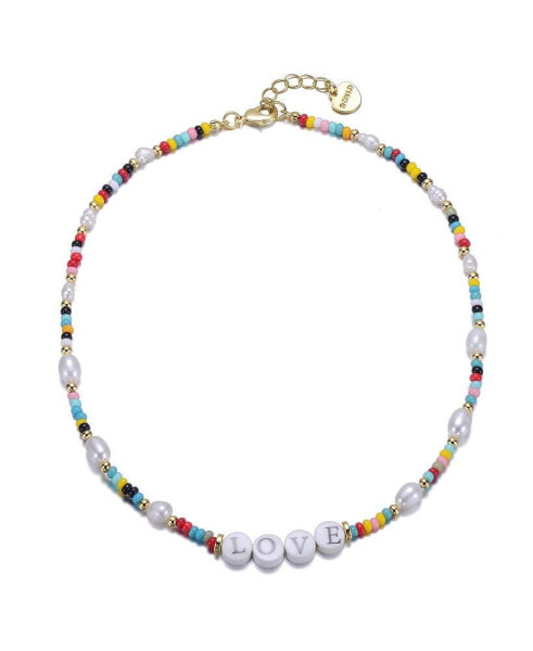 14k Yellow Gold Plated Multi Color Beads Necklace with Freshwater Pearls and Love Tag in Circular Charms for Kids