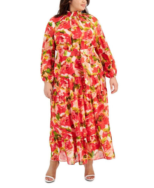 Plus Size Printed Belted Blouson-Sleeve Maxi Dress