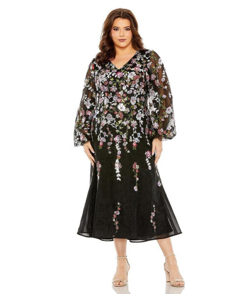 Women's Plus Size Puff Sleeve Embellished A Line Dress